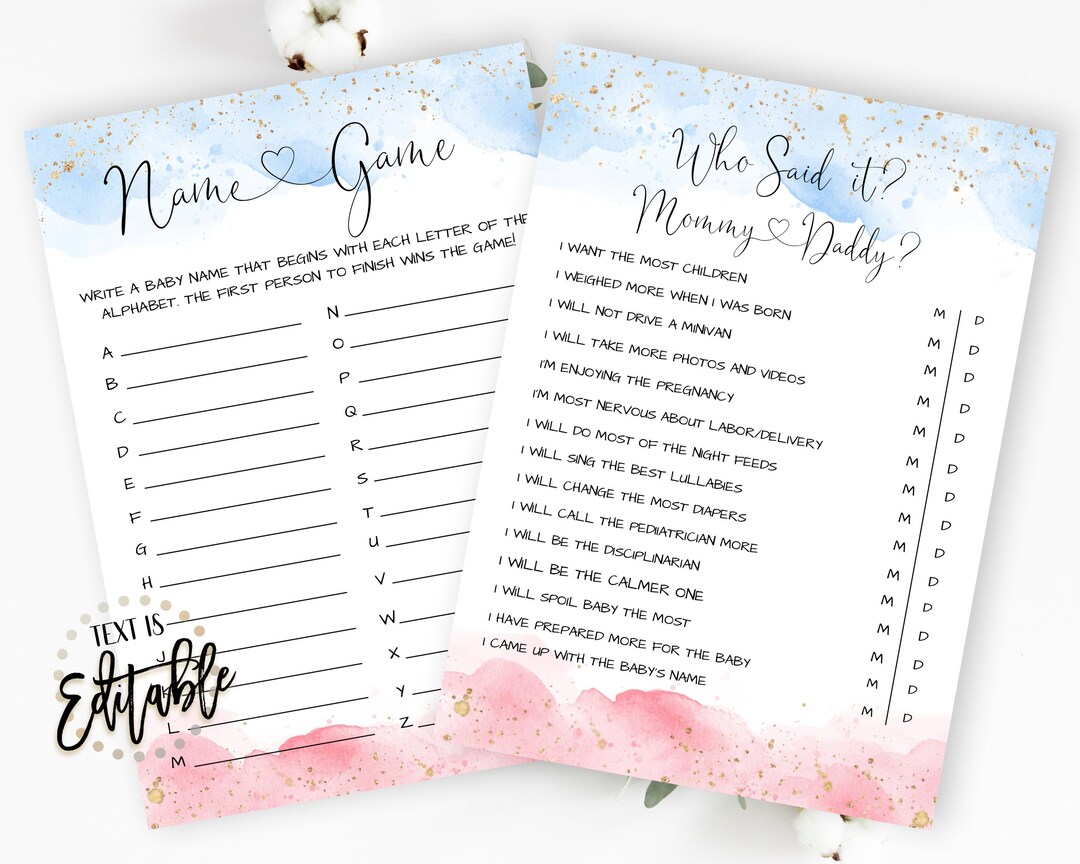 Watercolor Gender Reveal Games, Guess Who Mommy or Daddy, A-Z Name Game ...