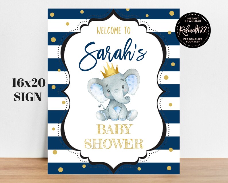 Blue And White Stripes Blue Elephant Navy Blue And Gold Table Sign Boy Elephant Crown Baby Shower Sign Prince Elephant Welcome Sign