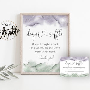 Enseigne et cartes pour tombola de couches, aquarelle vert sauge et violet lavande, paillettes argentées, baby shower, décor révélateur de sexe, modèle modifiable