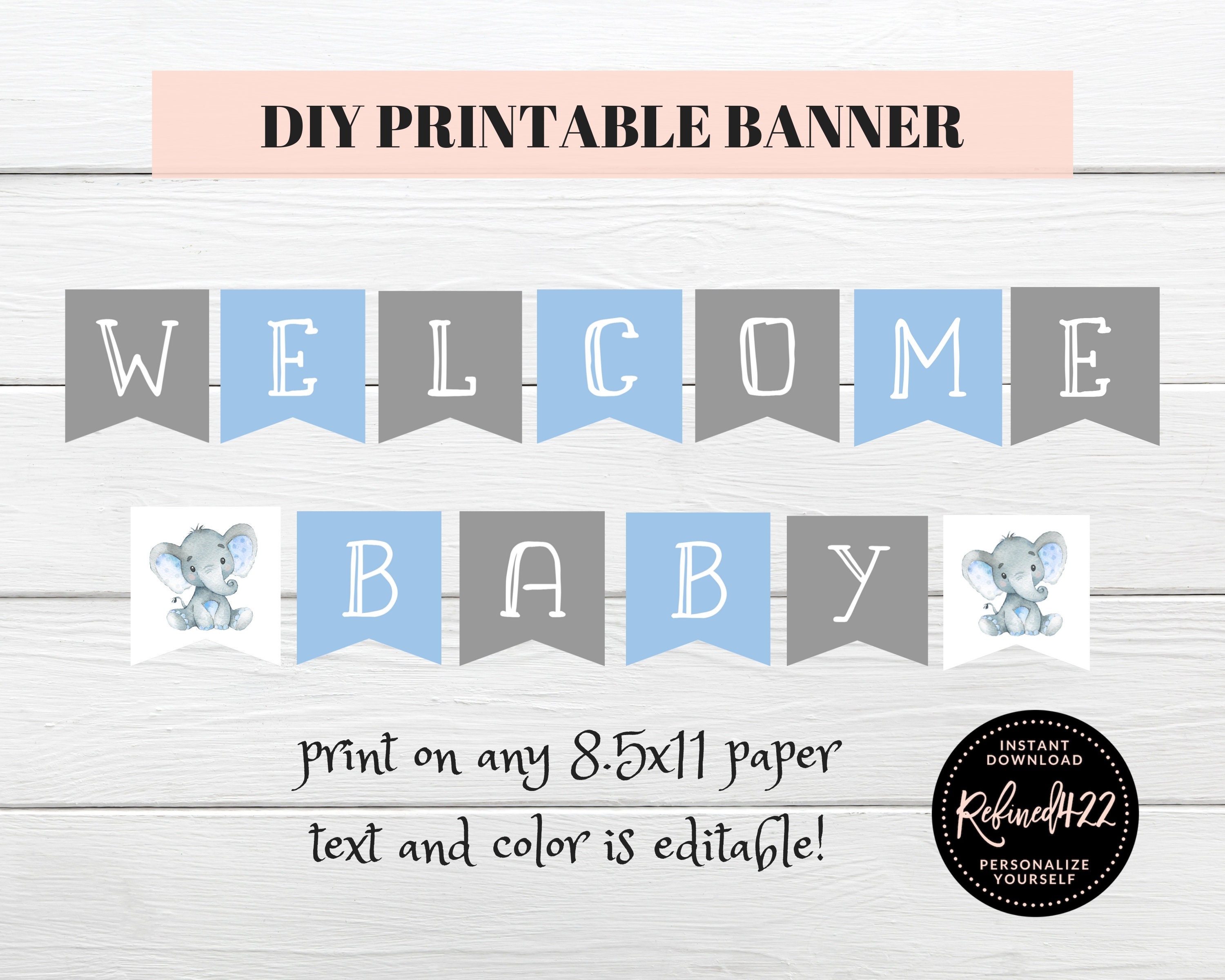 Elephant Welcome Banner, Baby Boy Banner, Welcome Baby, Baby Shower Blue  Elephant Banner, Sign, Shower Decor, Printable, Editable Template For Welcome Banner Template