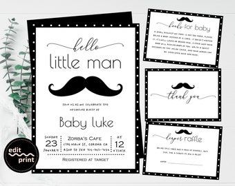Hello Little Man Baby Shower, Mustache Baby Shower Invite, Black and White, Baby Boy Invitation, Little Man Is On The Way, Editable Template
