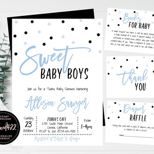 Twin Boys Invite Set, Sweet Baby Boys Invitation, Blue Black Dots, Boy Baby Shower, Simple Modern, Instant Download, Editable Template