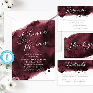 Burgundy Watercolor Wedding Invite, Modern Calligraphy, Wedding Set, Minimalist, Elegant, Simple, Printable Template, Burgundy Splash