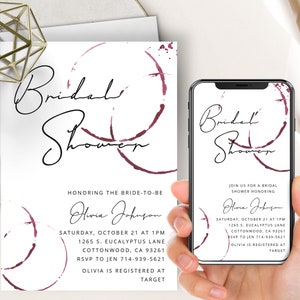 Wine Stain Bridal Shower Phone Evite+Printable Invite, Wedding Shower Invitation, Modern Calligraphy, Wine Themed,Winery,Burgundy Watercolor