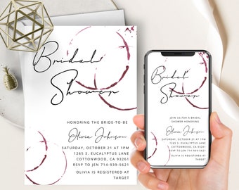 Wine Stain Bridal Shower Phone Evite+Printable Invite, Wedding Shower Invitation, Modern Calligraphy, Wine Themed,Winery,Burgundy Watercolor