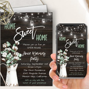 Housewarming Party Evite+Printable Invite, Farmhouse Eucalyptus Cotton, Home Sweet Home, Virtual Text Message, Digital, Lights, Rustic