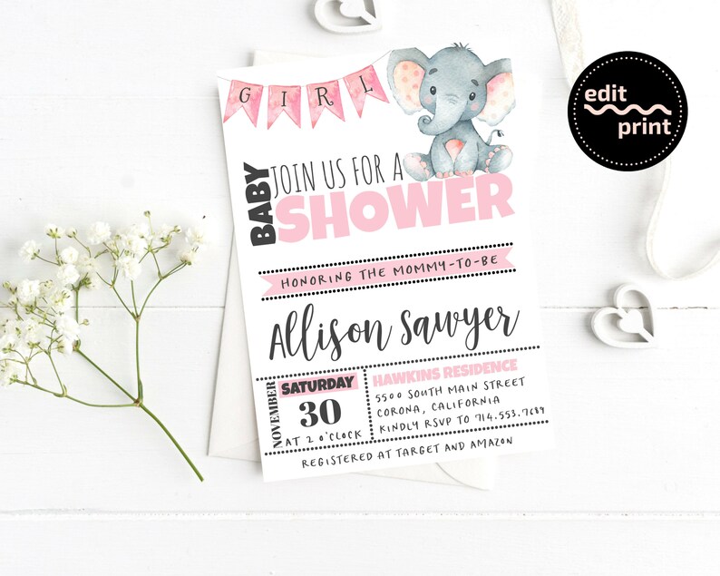 Baby Elephant Invitation Girl Elephant Shower Invite Pink Baby Shower Pink Elephant Invite Pink Elephant Baby Shower Invitation