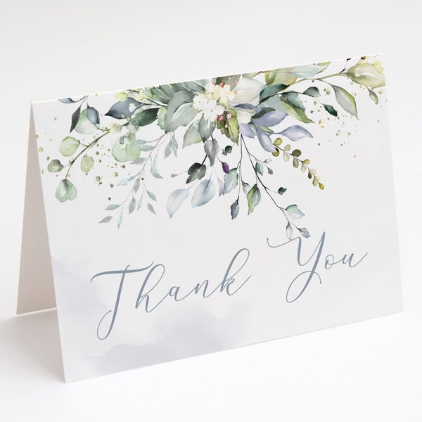 Boho Greenery Thank You Card, Bridal Shower, Botanical Eucalyptus, Bohemian, Dusty Blue Floral Watercolor, Tent-fold Thank You Template,