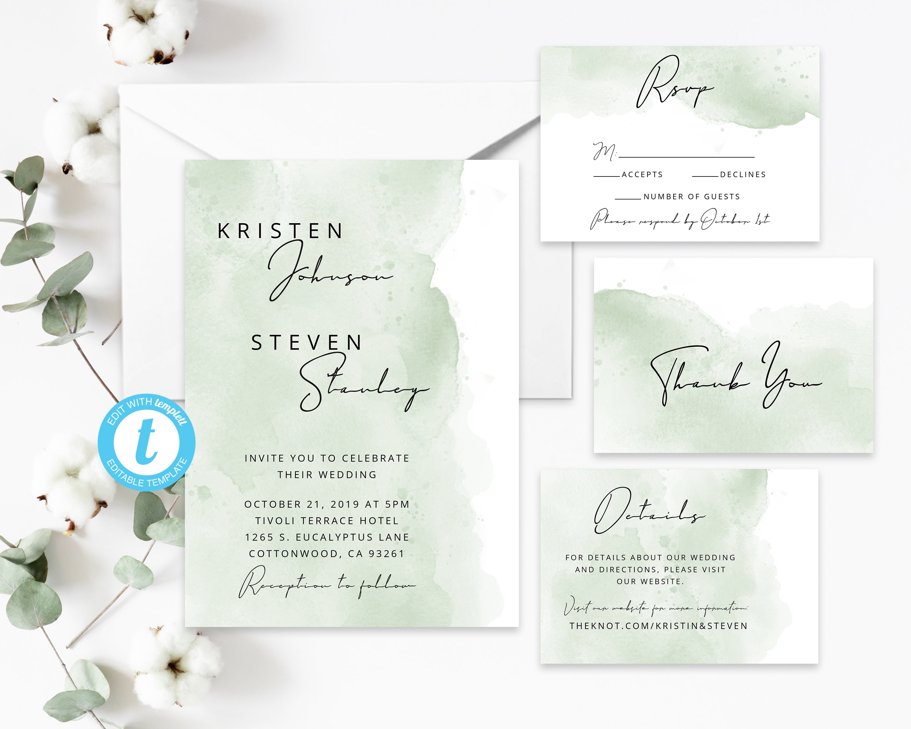 Party Invitations Modern Invites, Editable Wedding Invitations Sage ...