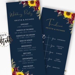May include: A navy blue wedding timeline card with gold text and floral accents. The card lists the wedding ceremony, cocktail hour, dinner, cake cutting, and dancing. The text reads "Timeline Kristin & Richard".