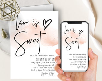 Blush Pink Watercolor Bridal Shower Phone Evite+Printable Invite, Love Is Sweet, Heart, Simple, Modern, Editable Template, Black And White