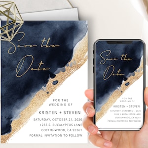 Navy & Gold Save the Date Phone Evite+Printable Invite, Watercolor Splash Save Our Date, Navy Blue, Minimalism, Modern, Electronic, Text