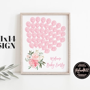 45 Balloons, Signature Guestbook, Pink Floral Watercolor, Pink Watercolor Balloon, Baptism Guestbook, Baby Shower, Pink Floral Greenery