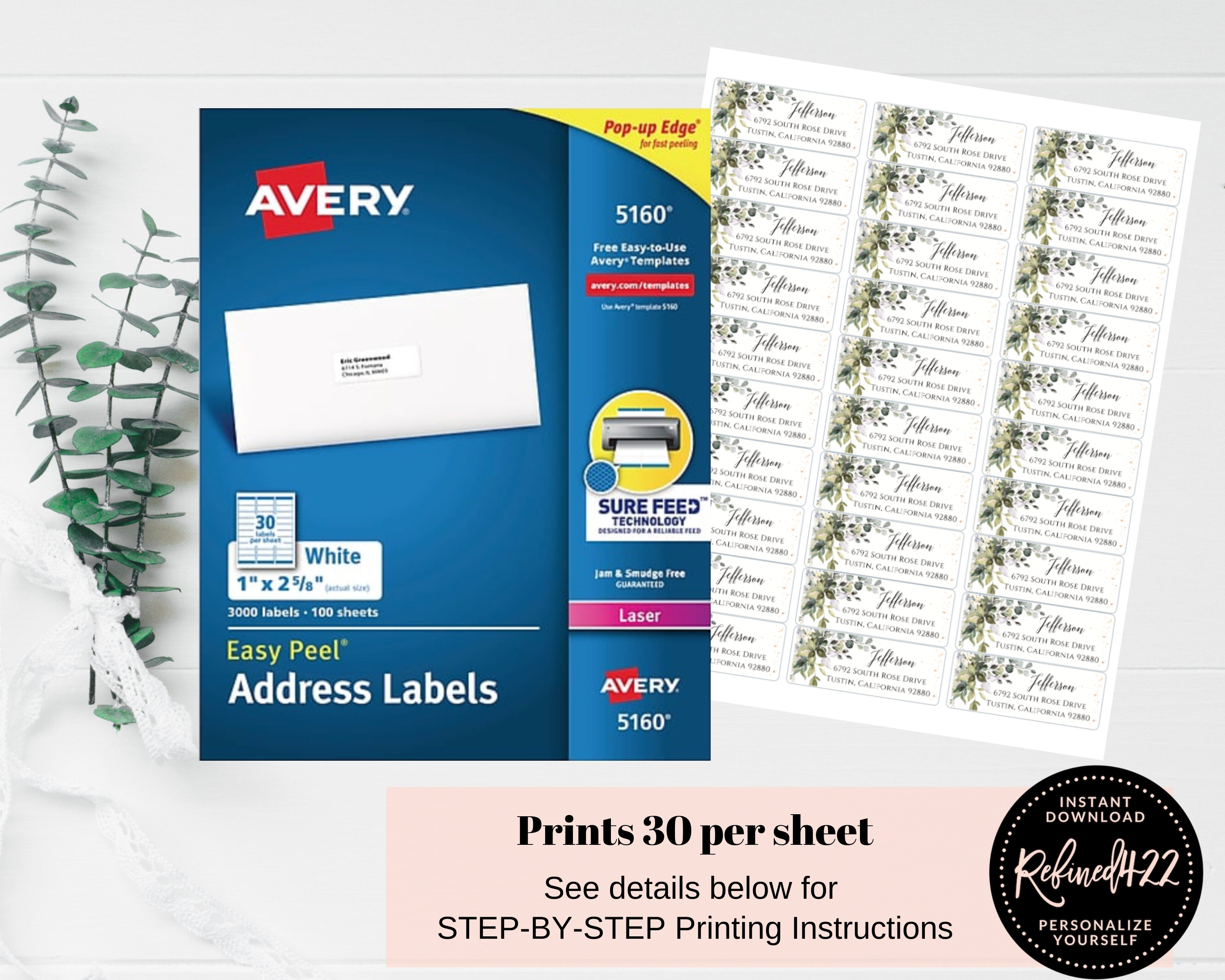 Return Address Labels, Self-editable Avery Labels 5160, Greenery