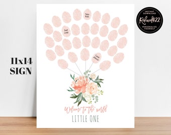 Peach Floral Thumbprint Guestbook Sign, Baby Shower Fingerprint