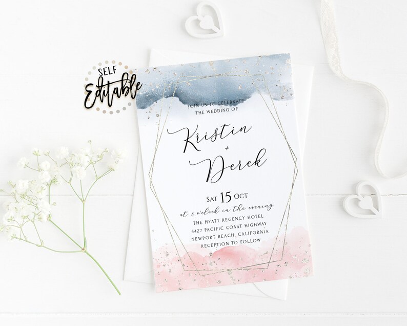 May include: A wedding invitation with a watercolor background in shades of blue and pink with gold glitter accents. The invitation features a geometric frame with the names "Kristin + Derek" and the wedding date "Sat 15 Oct". The text reads "Join us to celebrate the wedding of Kristin + Derek Sat 15 Oct at 5 o'clock in the evening The Hyatt Regency Hotel 5427 Pacific Coast Highway Newport Beach, California Reception to follow"