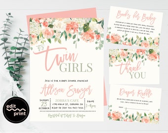 Twin Girls Baby Shower Invitation, Twins Floral Baby Shower, Watercolor Flowers Baby Invite, Greenery Baby Shower, Baby Shower Invite