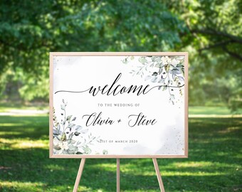 Wedding Welcome Sign, Dusty Blue Greenery Foliage Eucalyptus Wedding, Self-Editable, Welcome To Our Wedding, Fully Editable Template, Gold