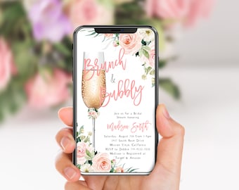 Brunch floreale rosa e invito telefonico frizzante, invito elettronico per addio al nubilato, fiori rosa cipria, flute di champagne, invito con messaggio di testo