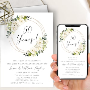 50th Anniversary Invitation, Golden Anniversary, Wedding Anniversary, White Floral Watercolor, Elegant, Gold Frame, Evite + Printable, 50