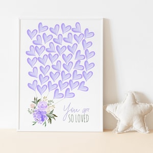42 Lavender Balloon Hearts Guest Book, Purple Floral Guestbook Poster, Signature Sign, Baby Shower, Heart Guestbook, Template