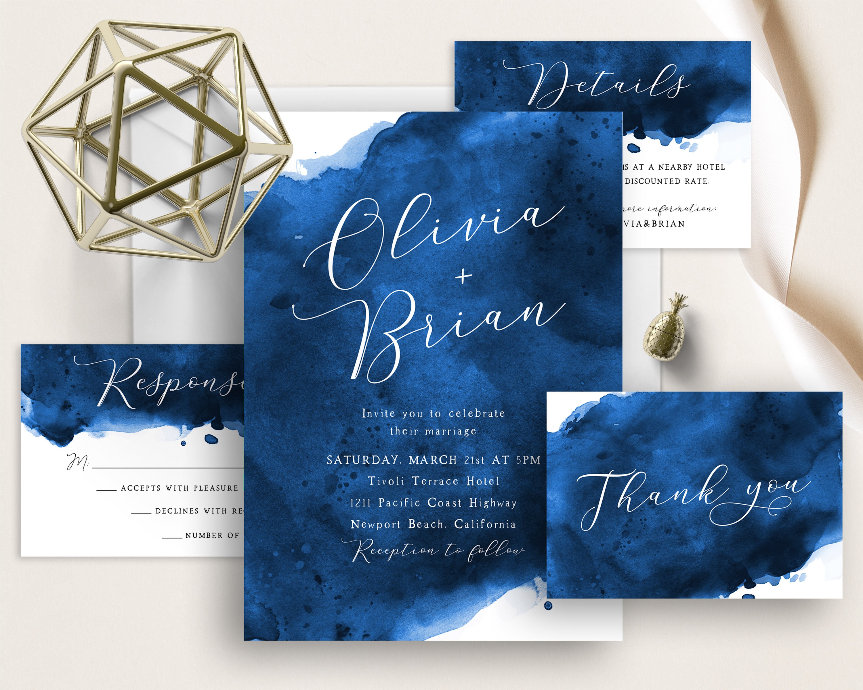 Royal Blue Watercolor Wedding Invite, Modern Calligraphy, Cobalt Blue Watercolor Splash, Wedding Set, Minimalist, Elegant, Simple, Paint