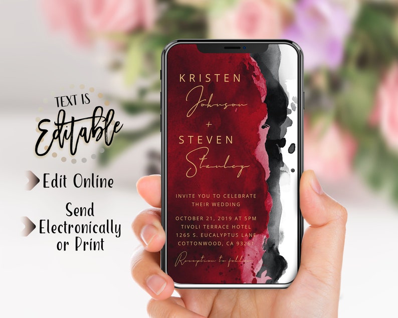 Red Black Watercolor Wedding Phone EvitePrintable Invite, Apple Red, Charcoal, Minimalism, Modern, Electronic, Text Message Invitation image 2