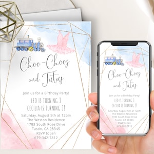 Birthday Party Phone Evite+Printable Invite, Choo Choo&#39;s Or Tutus, Pink And Blue Watercolor, Joint Birthday, Trains or Tutus, Twins Birthday