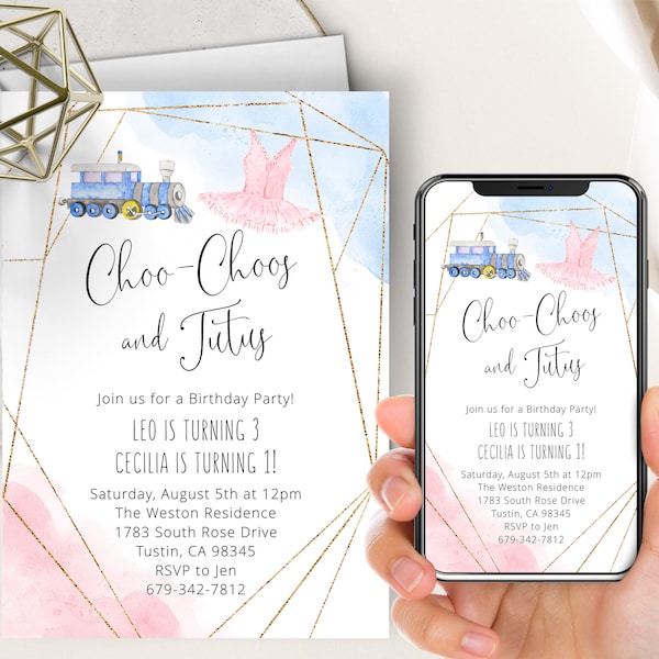 Birthday Party Phone Evite+Printable Invite, Choo Choo's Or Tutus, Pink And Blue Watercolor, Joint Birthday, Trains or Tutus, Twins Birthday