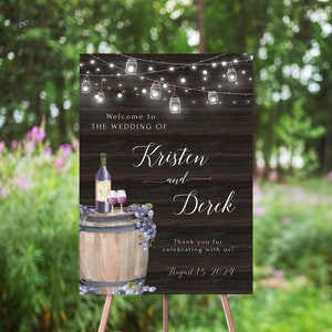 Winery Wedding Welcome Sign, Vineyard Wedding Welcome Poster, Lantern Lights, Rustic Wood Background, Wine Country Wedding, Grapes, Wine