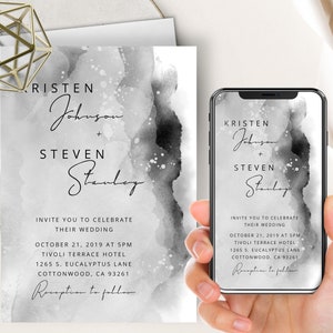 Gray And Black Wedding Phone EvitePrintable Invite, Watercolor Splash, Minimalism, Modern, Electronic, Text Message image 1