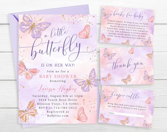 May include: A baby shower invitation with a watercolor background featuring butterflies in shades of purple and pink with gold glitter accents. The text reads "a little butterfly is on her way!" and includes details for the event, such as the date, time, location, and RSVP information. The invitation also includes the text "books for baby" and "diaper raffle".