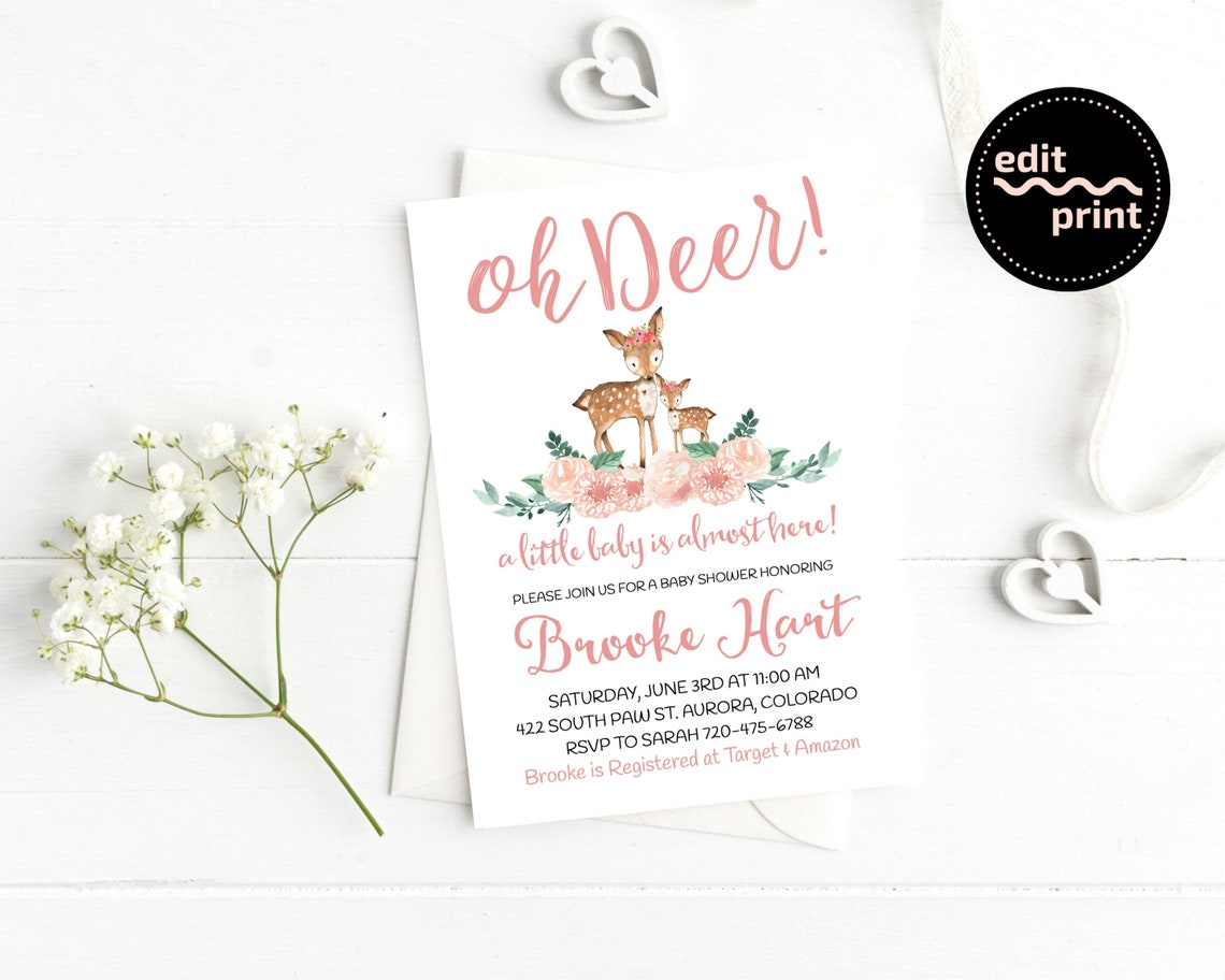 Baby Girl Shower Invitation Watercolor Deer Floral Baby | Etsy