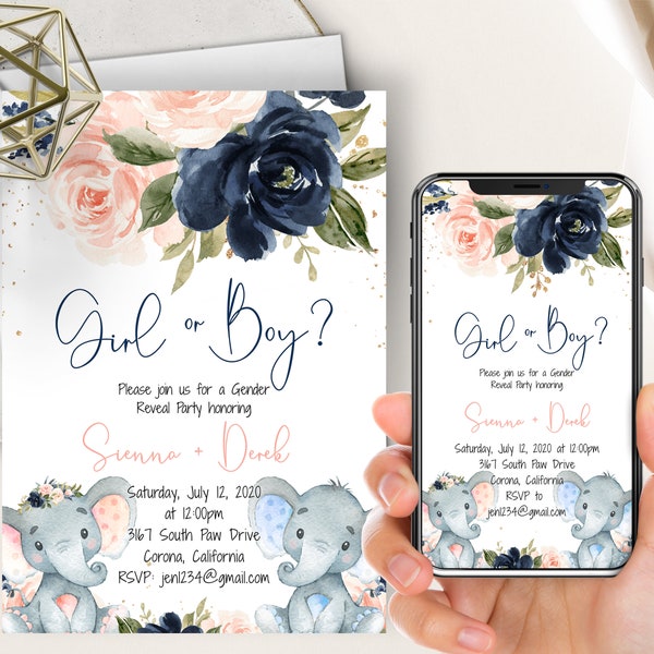 Elephant Gender Reveal Invitation, Pink And Navy Floral, Girl Or Boy, Pink And Blue Elephant, Gender Reveal Party, Blush Pink