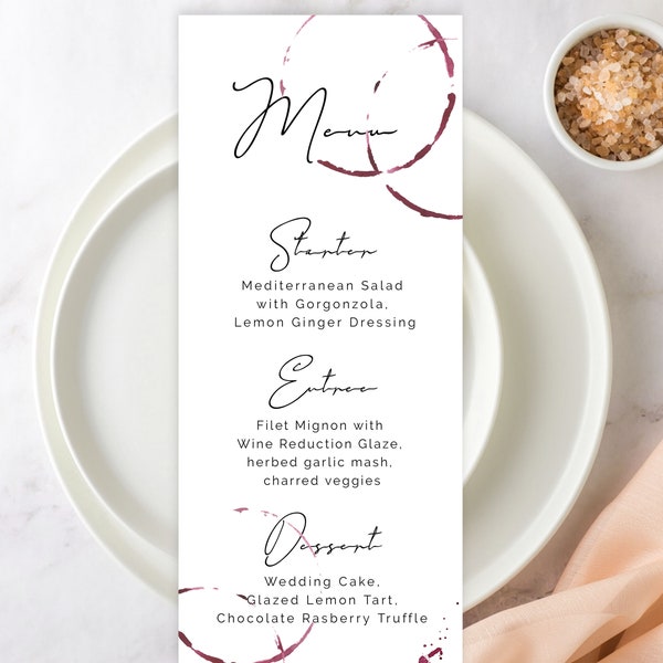 Wine Stain Menu, Wedding Menu Template, Bridal Shower, Wine Themed Wedding, Modern Calligraphy, DIY Editable, Burgundy Maroon Watercolor