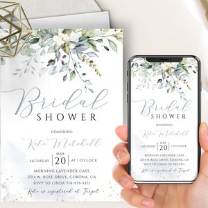 Bohemian Greenery Bridal Shower Phone Evite+Printable Invite, Dusty Blue Watercolor, Botanical Eucalyptus, Wedding Shower, Leaves, Boho,Gold