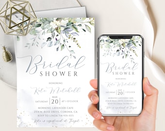 Bohemian Greenery Bridal Shower Phone Evite+Printable Invite, Dusty Blue Watercolor, Botanical Eucalyptus, Wedding Shower, Leaves, Boho,Gold