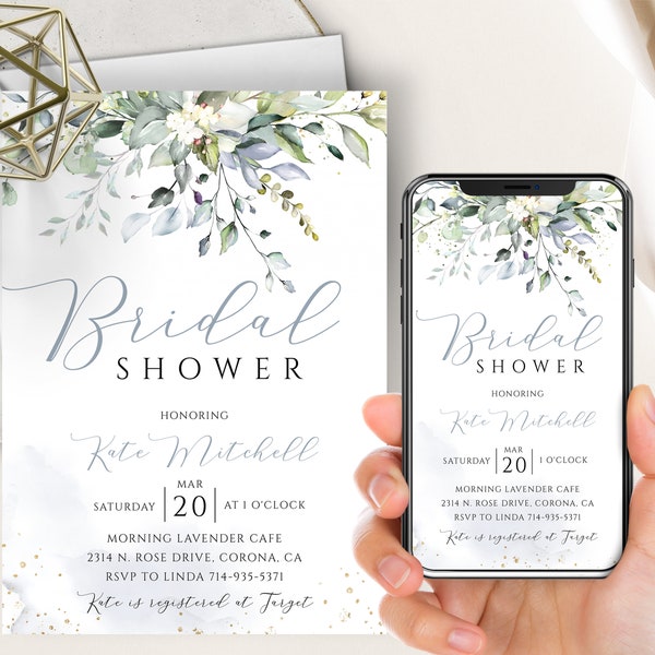 Bohemian Greenery Bridal Shower Phone Evite+Printable Invite, Dusty Blue Watercolor, Botanical Eucalyptus, Wedding Shower, Leaves, Boho,Gold