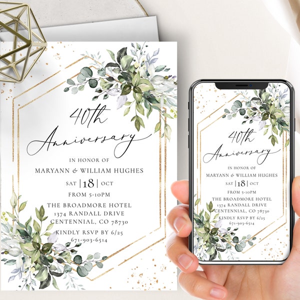 40th Anniversary Invitation, Wedding Anniversary, Golden Anniversary, Greenery, Elegant, Gold Frame, Evite + Printable, Editable Template