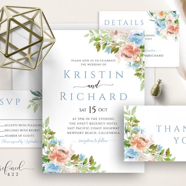 Peach Blue Floral Wedding Invite Set, Light Blue Floral Greenery Watercolor Invitation, Floral Wedding, Instant Download, Romantic Wedding