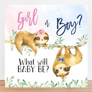 Sloth Gender Reveal Poster, Large 4ft Banner, Girl Or Boy, Pink and Blue Watercolor, Greenery, Gender Reveal Party, Pink Bow, Blue Bowtie