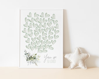 50 Hearts, Greenery Balloon Heart Guestbook, Signature Guest Book Poster, Succulents Greenery Floral, Baby Shower, You Are So Loved