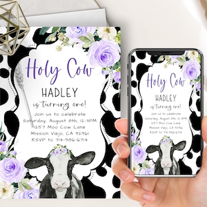 Lavender Floral Holy Cow Birthday Invitation, Purple Floral Watercolor, First Birthday Invitation, Cow Birthday Party, Cute Cow, Evite, Girl