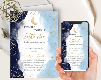 Puede incluir: Una invitación de baby shower azul y dorada con una luna creciente y estrellas. La invitación dice "Twinkle Twinkle Little Star, A babies birth is not too far." También incluye los nombres "Caitlyn & Derek" y la fecha y hora de la ducha.