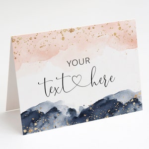Tarjeta de lugar de acuarela, tarjeta de etiqueta de bebida de alimentos, tarjeta de colocación, acuarela azul rubor y azul marino, oro, tarjeta de tienda, revelación de género, baby shower