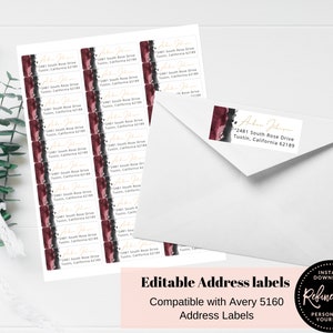 May include: Printable address labels featuring a burgundy watercolour design and gold text. The labels are compatible with Avery 5160 address labels. The text on the label reads "2481 South Rose Drive, Tustin, California 62189".