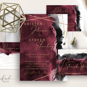 Burgundy Black Watercolor Splash Wedding Invite, Gold Geometric Frame, Modern Calligraphy, Moody, Minimalist, Charcoal Maroon, Elegant