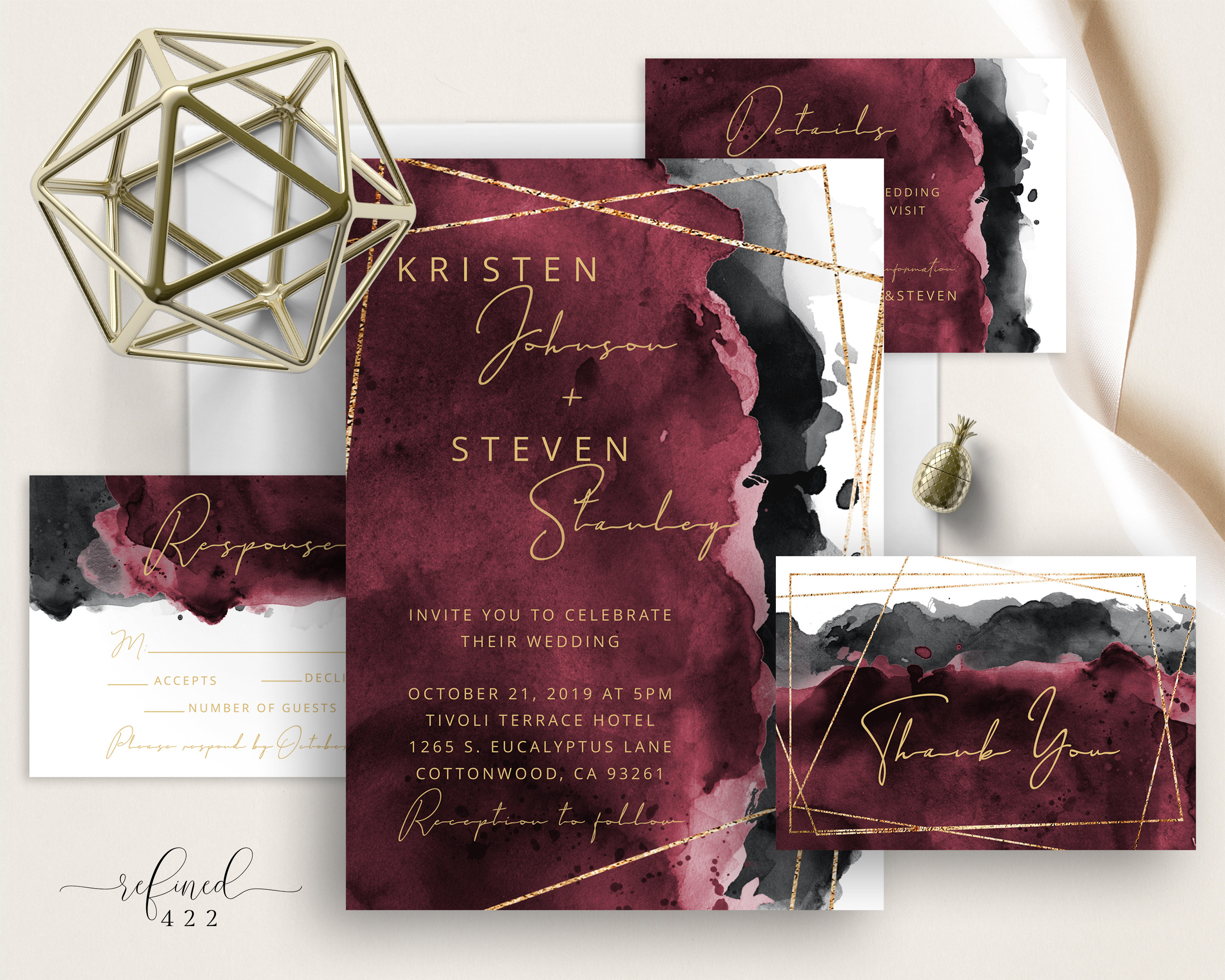 Maroon black top and gold wedding