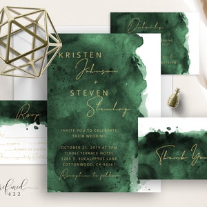 Emerald Green Watercolor Splash Wedding Suite, Moody Minimalism, Modern Calligraphy, Elegant, Simple, Minimalist, Wedding Invitation