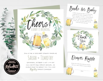 A Baby Is Brewing Invitation, Bottle And Beers Baby Shower, Cheers Beers Shower, Coed Couples Shower, Greenery Wreath, Gender Neutral